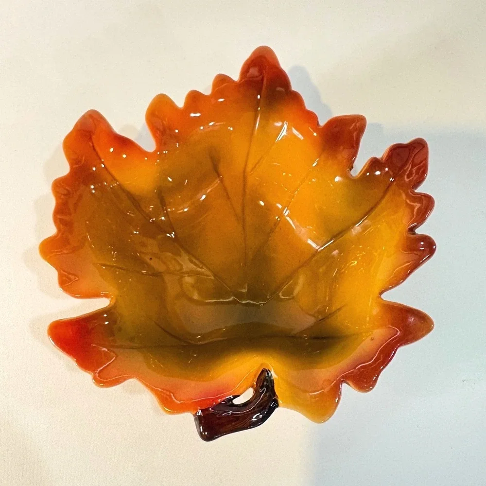 Ceramic Autumn Maple Leaf Bowl Orange Amber Fall Harvest Decorative Candy Dish